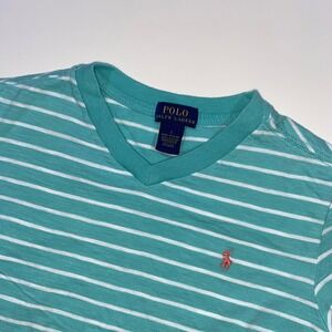 Polo Ralph Lauren Kids Turquoise White Stripe V Neck T Shirt Size 7‎